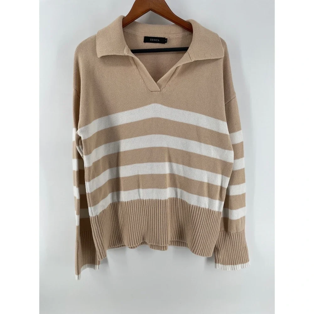 Zesica Nautical Sweater Womens Large Tan White Coastal Preppy Long Sleeve